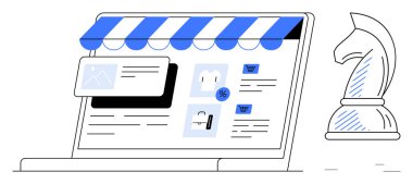 Dijital vitrinli dizüstü bilgisayar, alışveriş arabası ikonları, indirimli teklifler ve bir satranç şövalyesi sembolü. E-ticaret, strateji, pazarlama, iş büyümesi karar verme teknolojisi perakendecisi için idealdir. Düz