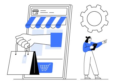 Mobil vitrin ekranı çizgili tenteli, alışveriş torbaları, vitesin yanında tableti olan bir kadın. E-ticaret, perakende, alışveriş, dijital pazarlama, teknoloji, müşteri yolculuğu için ideal
