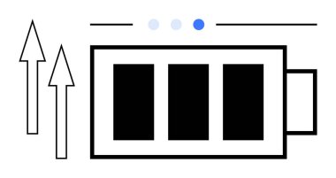 Üç şarj seviyesine sahip pil simgesi, büyüme için yükselen oklar ve verimlilik göstergeleri. Enerji, teknoloji, sürdürülebilirlik, yenilik, ilerleme için ideal, yeşil yaşayan basit iniş sayfası