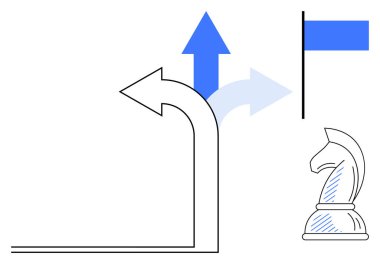 Yukarı doğru yükselen bir satranç şövalyesi ve bayrağı gösteren kavisli oklar. Strateji, liderlik, karar verme, hedef belirleme, planlama, rehberlik ve başarı kavramları için idealdir. Düz basit metafor