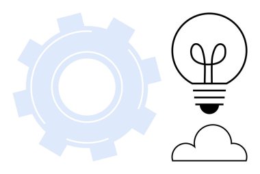 Yenilik, teknoloji, takım çalışması, büyüme, problem çözme, dijital dönüşüm ve yaratıcılığı temsil eden bir bulut ana hatının yanında büyük dişli sembolü. Fütürist temalar için ideal, düz