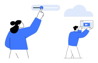 Kaydırma simgesini ayarlayan kişi ve kişi bulut tasarımı yakınlarında bir ortam oynatıcı pencere tutuyor. Teknoloji, bulut depolama, kullanıcı etkileşimi, UIUX, dijital ortam, web tasarımı, basit