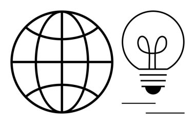 Küresel ağları temsil eden küre, fikirleri ve yenilikleri ileten parlayan bir ampulle eşleştirildi. Teknoloji, sürdürülebilirlik, eğitim, yaratıcılık, küreselleşme, yenilik, takım çalışması için ideal