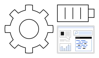 İşlem için vites simgesi, pili sembolize eden güç, grafiklerle gösterge paneli ve analiz için arama çubuğu. Teknoloji, otomasyon, enerji, verimlilik, dijital araçlar, basit iniş için ideal