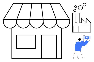 Tenteli dükkan, fabrika binası taslağı ve çevrimiçi içeriği yöneten kişi. Girişimcilik, ticaret, üretim, dijital pazarlama, küçük işletme, basit iniş imalatı için ideal