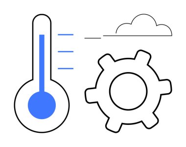 Termometre ölçü, teçhizat temsil süreci ve bulut sembolünü gösteriyor. Otomasyon, teknoloji, yenilik, veri yönetimi, iklim sürdürülebilirliği ve verimlilik için ideal. Düz