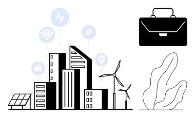 Şehir binaları, rüzgar türbinleri, güneş panelleri, iş çantası, yeşillik ve bağlantı simgeleri. Sürdürülebilirlik, iş, yenilik teknolojisi şehir planlama çevre dostu çözümler için idealdir