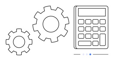 Hesaplama, otomasyon ve optimizasyon fikirlerini tasvir eden bir hesap makinesinin yanında birbirine bağlı iki dişli. Finans, işlemler, ekonomi, teknoloji, analitik, üretkenlik için ideal basit iniş