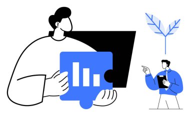 İş arkadaşının işaret ettiği dosya bulmacası parçası elinde tutan kişi. Büyümeyi sembolize eden yaprak. Takım çalışması için ideal, iş, veri, strateji, sürdürülebilirlik, yenilik karar verme mekanizması. Düz