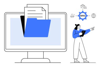 Mavi klasörlü ve belgeli bilgisayar monitörü elinde tablet olan bir kadın depo konseptlerini inceliyor. Lojistik, dosya paylaşımı, bulut depolama, veri yönetimi, sistem analizi, dosya