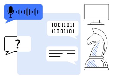 Ses girişi, ikili kod ve metin içeren konuşma baloncukları, bir satranç şövalyesi ve bir monitör iletişimi, yapay zekayı, problem çözmeyi ve stratejiyi vurguluyor. Yaratıcılık için ideal takım çalışması ve yenilik