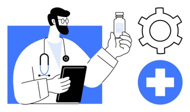 Stetoskop elinde aşı şişesi ve tabletle tıbbi haç ve dişli ikonu olan bir doktor. Sağlık, aşı, teletıp, yenilik, tedavi, teknoloji, basit iniş sayfası için ideal