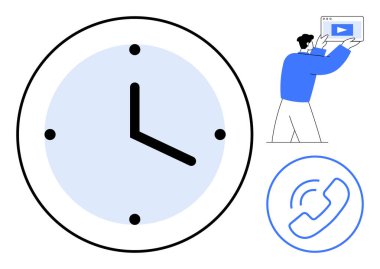Zaman, görüntü elemanı ve telefon arama ikonunu temsil eden büyük saat yüzü. Üretkenlik, zamanlama, takım çalışması, iletişim, dijital öğrenme, uzaktan iniş sayfası için ideal