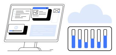 Masaüstü monitörü bulut depolama ile eşleştirilmiş çoklu görev araçları, analitik ve dosya önizlemelerini gösterir. Veri analizi, bulut hesaplaması, üretkenlik, yazılım, takım çalışması, organizasyon için ideal