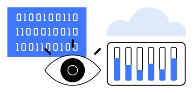 Göz gözlem ikili sayılar, bir bar çizelgesi ve bir bulut simgesi veri gözlem, analiz ve depolama üzerinde durmaktadır. Büyük veri, yapay zeka, teknoloji, siber güvenlik bulut hesaplama analizleri için ideal