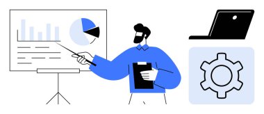 Sunucu gemideki çizelgeleri gösteriyor, elinde bir dosya, yanında dizüstü bilgisayar, vites simgesi var. İş, eğitim, analitik, iş akışı, proje planlama teknolojisi için ideal basit bir iniş sayfası