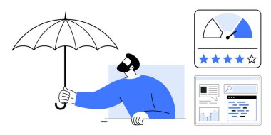 Koruma olarak şemsiye tutan adam, analitik gösterge paneli ve reytingler güvenliği, güveni ve güvenilirliği vurguluyor. Veri güvenliği, performans analizi, risk yönetimi ve iş büyümesi için ideal