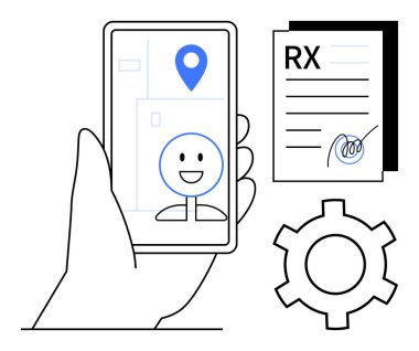 Avatar ve konum simgesiyle el ele tutuşan akıllı telefon, imzalı reçeteli belge ve teçhizatın yanında. Teletıp, sağlık uygulamaları, navigasyon, UI tasarımı, teknoloji, süreç için ideal