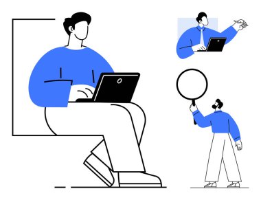 Bir dizüstü bilgisayar üzerinde çalışan kişi, ekip üyesi çevrimiçi olarak, büyüteçle etkileşimde. İşbirliği, analiz, araştırma, teknoloji, takım çalışması, yenilik için ideal basit bir iniş sayfası