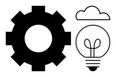 Üstünde bulut olan ampulün yanında vites, yaratıcılığı, gelişimi, yeniliği, teknolojiyi ve problem çözmeyi sembolize ediyor. Takım çalışması, planlama, yenilik işbirliği veya tasarım için ideal