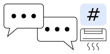 Noktalı konuşma baloncukları, mavi bir karede üstveri etiketi ve buhar çizgileri olan bir yazıcı. Sosyal medya, iletişim, teknoloji, içerik paylaşımı, mesajlaşma, takım çalışması için ideal basit iniş sayfası