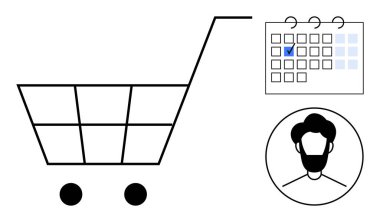 Alışveriş arabası, tarihi kontrol edilen takvim ve satın alma, zamanlama veya kullanıcı planlamasını gösteren kullanıcı profili simgesi. Lojistik, e-ticaret, zaman yönetimi, tüketici alışkanlıkları için ideal