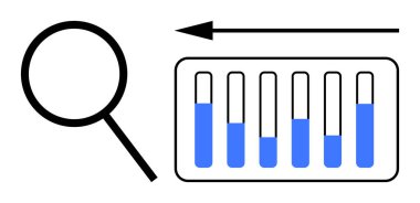 Büyüteç, değişen mavi sıvı seviyeli altı test tüpünü ve ilerlemeyi gösteren bir oku inceliyor. Laboratuvar analizi, tıbbi araştırma, veri incelemesi, kalite kontrolü ve yenilik için ideal