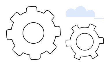 Açık mavi bir bulut, somutlaştırıcı bağlantı, yenilik, takım çalışması, süreç, yazılım entegrasyonu, veri ve sistem optimizasyonu yanında basit bir üst üste bindirme dişlisi anahatları. Teknoloji platformları için ideal