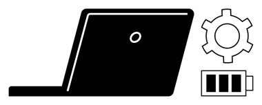 Dizüstü bilgisayar silueti, ayarlar için dişli dişli ve enerji için bataryası var. Teknoloji, üretkenlik, yazılım, donanım, enerji verimliliği, bilişim desteği, basit iniş sayfası için ideal