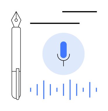Dolma kalem, ses dalgalı mikrofon sembolü ve asgari çizgiler yazı ve kayıt arasında işbirliği olduğunu gösteriyor. İçerik oluşturma, medya, iletişim, teknoloji ve eğitim için ideal