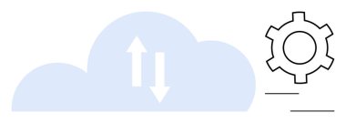 Veri transferi için çift yönlü okları olan büyük bulut simgesi, ayarları, optimizasyonu ve işlevselliği gösteren bir dişli çarkının yanında. Teknoloji, bulut hesaplama ve çevrimiçi depolama için ideal
