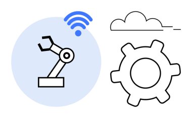 Kablosuz bir sinyale bağlı robot kol ve bir vites simgesi üzerinde bulut. Otomasyon için ideal, IoT, endüstri 4.0, teknoloji, bağlantı, bulut hesaplama dijital dönüşümü. Düz basit metafor