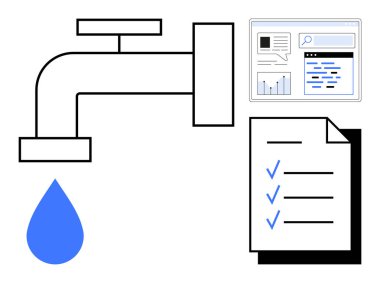 Mavi damlacıklı su musluğu, çizelgeler ve veri alanlarıyla arayüz, tamamlama işaretli kontrol listesi. Kaynak tahsisi, iş akışı, çevre bilinci, veri örgütü, dijital için ideal