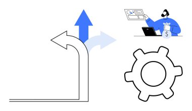 Yukarı doğru oklu büyüme yolu, işlem optimizasyonu için vites, finans ve analizi yöneten kişi. Finans, başarı, yönetim, strateji, karar verme, üretkenlik optimizasyonu için ideal