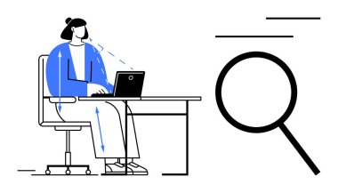 Masada dizüstü bilgisayarda çalışan bir kadın, geliştirme ya da geri bildirim gösteren oklarla çevrili, geniş büyüteç odağı sembolize ediyor. Analiz, üretkenlik, araştırma, çalışma, iş akışı, büyüme için ideal