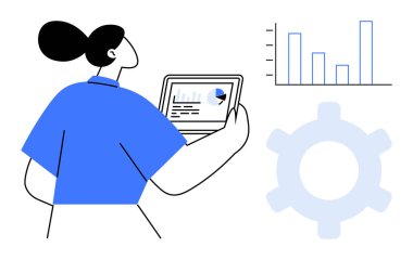 Tablet tutan kadın pasta grafiği ve veri arayüzünü gösteriyor, yanında da çubuk grafik ve dişli araç gereç var. Analiz, iş stratejisi, veri görselleştirme, teknoloji, süreç yönetimi, eğitim için ideal