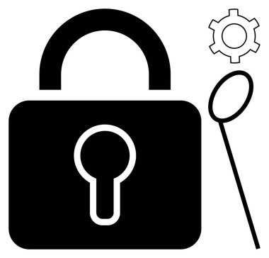 Anahtar deliği, teçhizat ve büyüteç içeren asma kilit güvenlik, sorun çözme, erişim kontrolü, sistem ayarları, veri gizliliği, optimizasyon, basit iniş sayfası