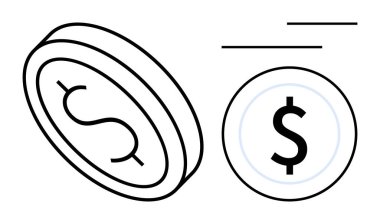 Dolar işaretli iki sikke, biri eğik ve dönen, hareket ve değişimi tasvir eden. Finans, ekonomi, bankacılık, kripto para birimi, yatırım ticareti tasarruf kavramları için ideal. Düz basit metafor