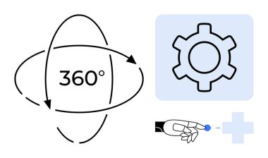360 derecelik dönüş okları, vites simgesi, robotik el mavi elementi artı işaretinin yanına yerleştiriyor. Yenilik için ideal, otomasyon, mühendislik, robotik, yapay zeka, teknoloji sistemleri basit iniş sayfası