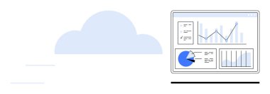 Bulut arkaplanı veri analiz paneliyle eşleştirildi. Bar grafikleri, pasta grafikleri ve çizgi grafikleri gösteriliyor. Bulut hesaplama, veri analizi, iş stratejisi, araştırma, teknoloji ve pazarlama için ideal