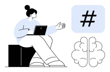 Dizüstü bilgisayarlı bir kadın meta veri etiketine ve beyin illüstrasyonuna doğru hareket ediyor. Sosyal medya için ideal, dijital pazarlama, yaratıcılık, markalaşma, strateji, teknoloji, basit iniş sayfası