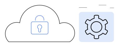 Bulut tasarımı veri güvenliğini gösteriyor, bitişik dişli simgesi ayarları öneriyor. Teknoloji, gizlilik, siber güvenlik, bulut depolama, sistem yönetimi, bilişim altyapısı, basit