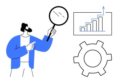 Büyüteçle büyüteçle yükselen bar tablosu ve çark analizi, araştırmayı, veri analizini, büyümeyi, verimliliği, problem çözmeyi, takım çalışmasını ve iş stratejilerini sembolize eden bir iş adamı. İdeal