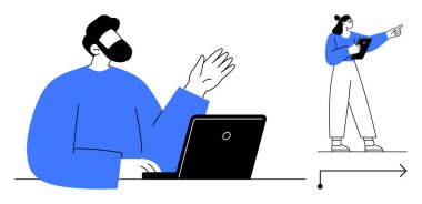 Bir başkası ayakta durup tableti işaret ederken ve tutarken bir dizüstü el hareketi yapan kişi. Takım çalışması, iletişim, işbirliği, uzak çalışma, liderlik, proje planlama, basit iniş sayfası için ideal