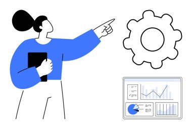 Tableti tutan kadın vitese takıyor, iş akışını ve ilerlemeyi simgeliyor. Analitik çizelgelerle birlikte gösterge panelini de içeriyor. İş, veri, takım çalışması, yenilik, optimizasyon, büyüme için ideal