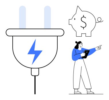 Yıldırımlı büyük bir fiş, birikimleri sembolize eden domuz kumbarası, tablet tutan kadın. Enerji verimliliği, maliyet yönetimi, teknoloji, sürdürülebilirlik, mali hedefler için ideal