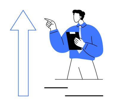 Elinde bir pano tutan ve yukarı bakan bir adam başarıyı, liderliği ve planlamayı simgeliyor. İş, strateji, liderlik, büyüme, motivasyon ve başarı için ideal. Düz basit