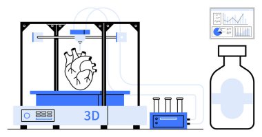 3D yazıcı laboratuvar ekipmanları, test tüpleri ve veri ekranı ile insan kalbi modeli yaratıyor. Biyoteknoloji, teknoloji, yenilik, araştırma, sağlık hizmetleri, tıbbi ilerleme için ideal basit iniş sayfası