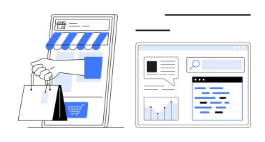 Akıllı telefon mağazası vitrininden el ele tutuşma çantaları e-ticaret arayüzü, bitişik analitik grafik paneli. Perakende, e-ticaret, veri analizi, pazarlama ve iş için ideal