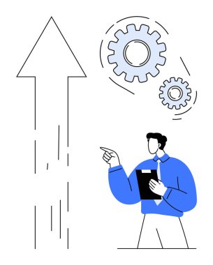 Yukarı doğru ok ve vites gösteren erkek profesyonel, büyümeyi ve verimliliği simgeliyor. Strateji, iş akışı, üretkenlik, yenilik, hedef belirleme, iş çözümü için ideal, düz basit metafor